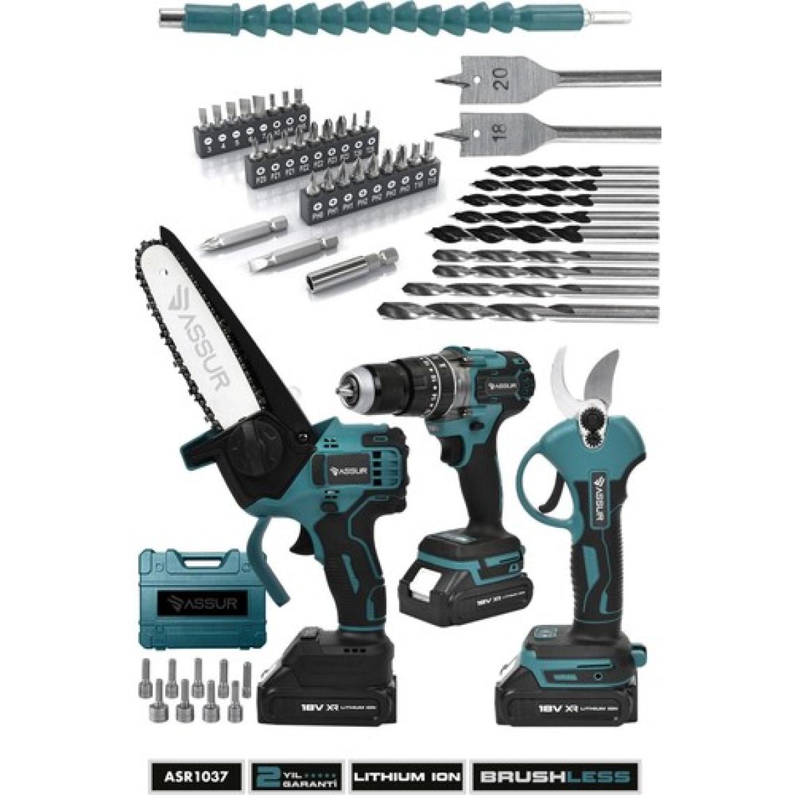 Assur Profesyonel 18V Çift Akülü Budama Testeresi Matkap Budama Makası 3'lü Set