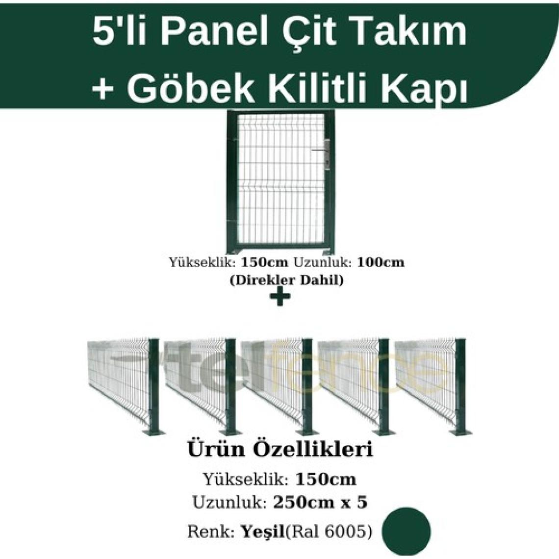 Telfence 5 ‘li Panel Çit Takım Yeşil (12.5 Mt) + Panel Çit Göbek Kilitli Kapı Avantaj Paketi