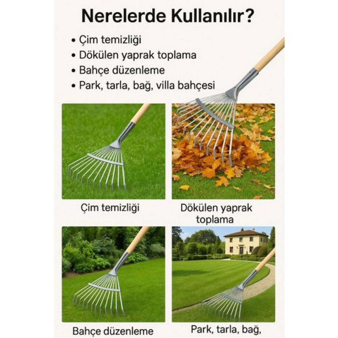 Tırmık Ahşap Saplı, Ayarlı Metal Çim ve Yaprak Toplama Tırmığı