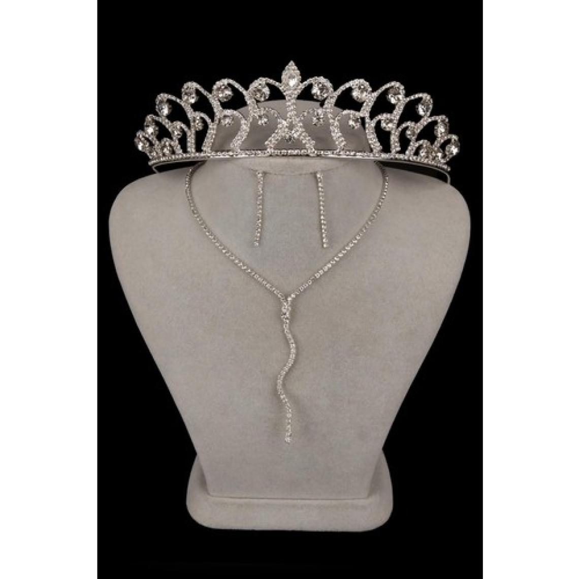 Dalgalı Venüs Şık Kristal Taşlı Abiye Kolye Küpe Seti Ve Gül Gelin Tacı