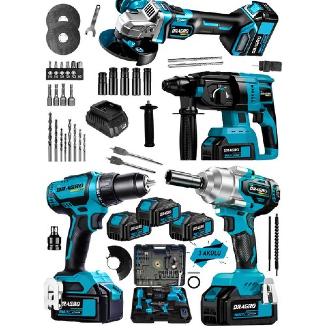 Dragro Alman 4x2 Pro 128 V 4'lü Set Kırıcı Delici Somun Sıkma Taşlama Makinesi Matkap 3 Akülü