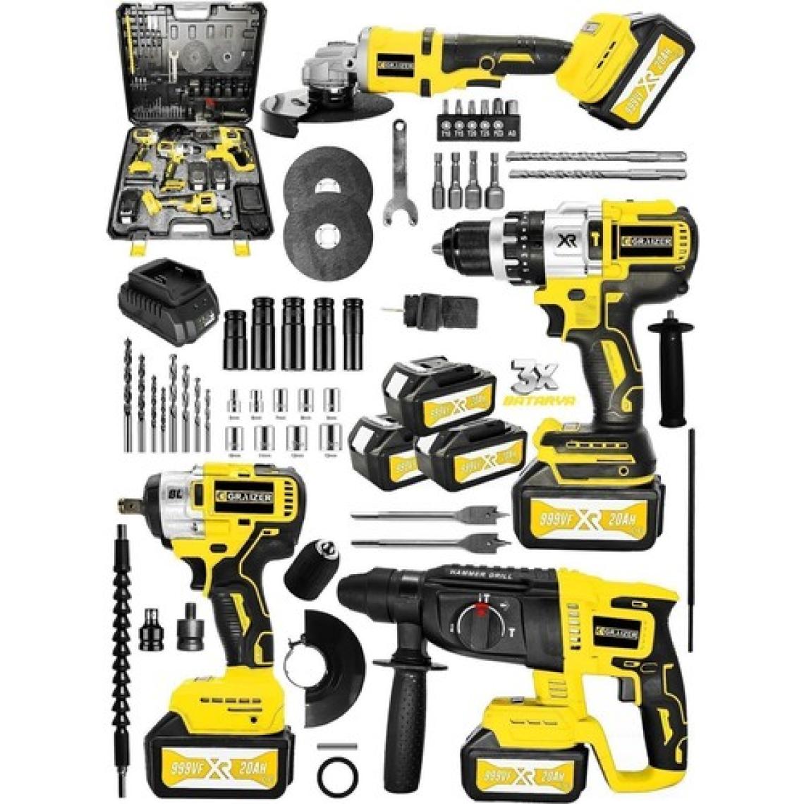 Graizer Alman 999 Vf 20 Ah 4 Lü Set Akülü Şarjlı Kırıcı Delici Taşlama Vidalama Somun Sökme Set