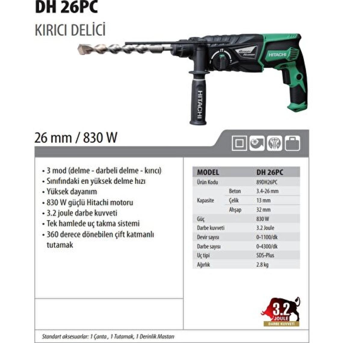 HİKOKİ DH26PC 830Watt 3.2J Profesyonel SDS-Plus Kırıcı/Delici
