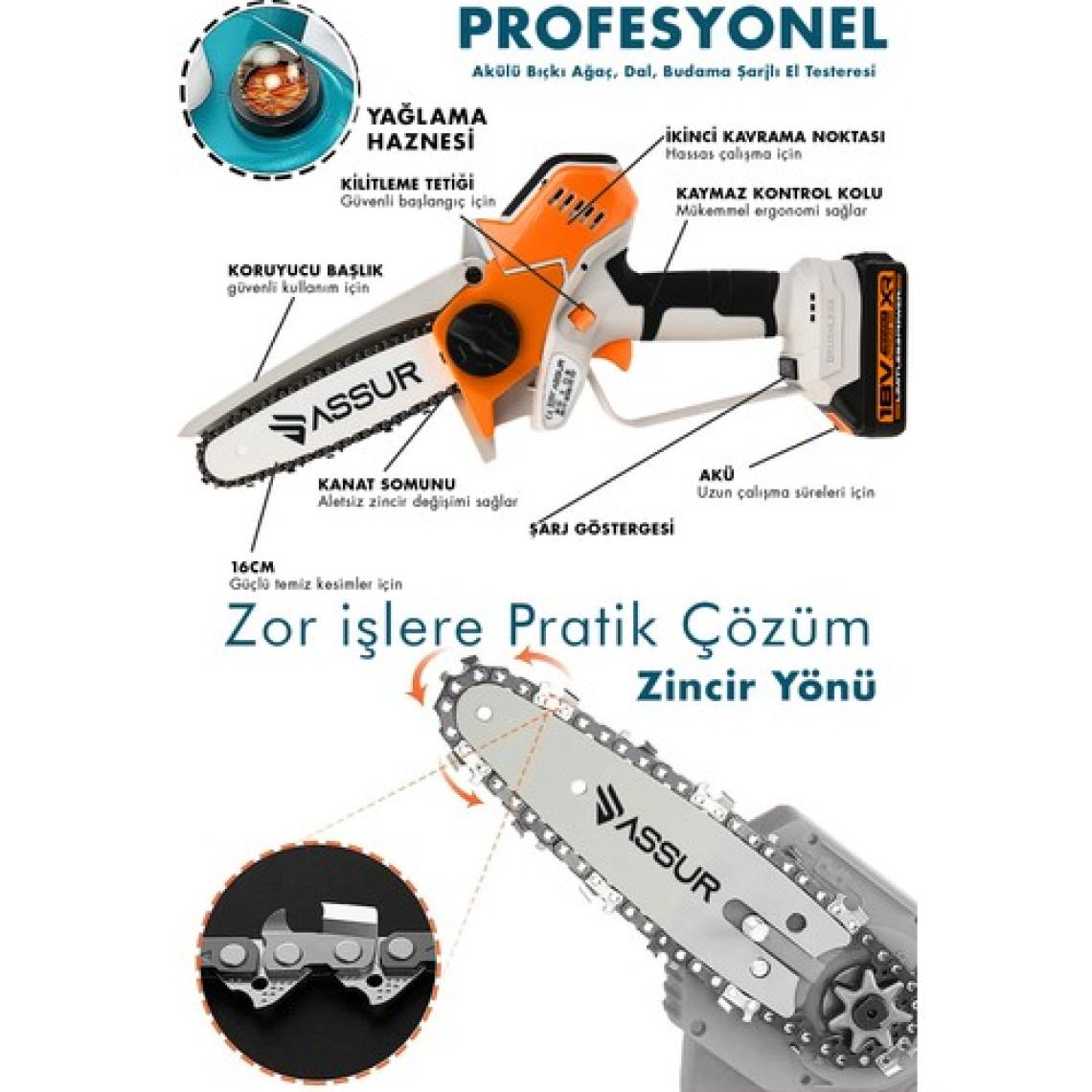 Assur 18V Çift Akü Ağaç Odun Dal Kesme Budama El Testeresi