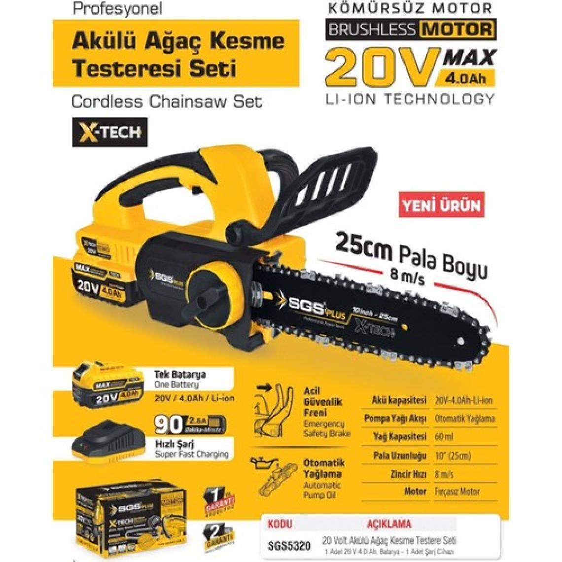 SGS5320 - 20 Volt Akülü Ağaç Kesme Budama Testere Makina Seti 25 cm Pala