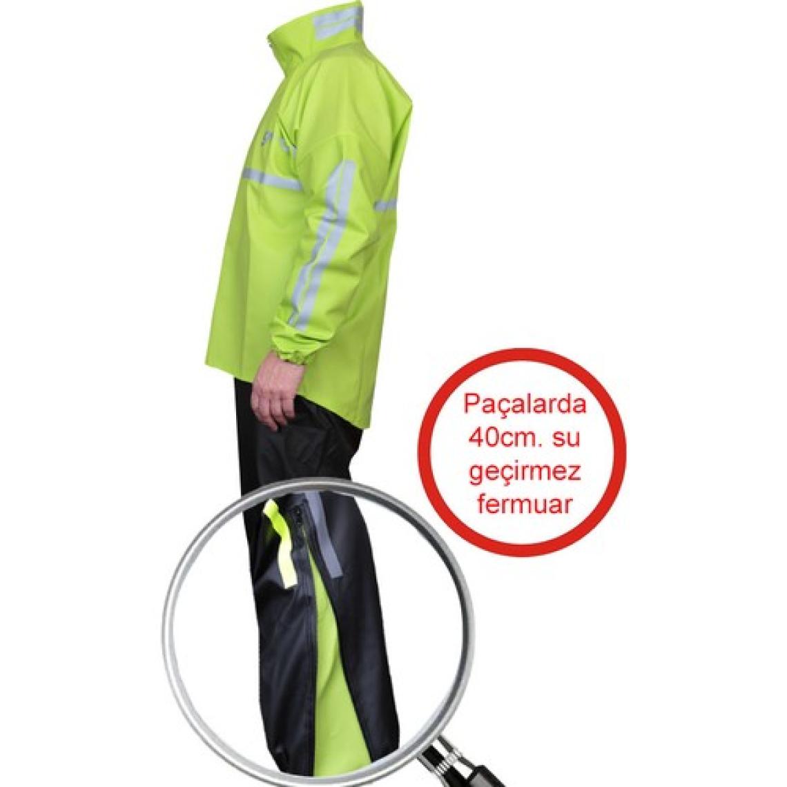 Motosiklet Yağmurluk Takım Prime Neon 0.44MM. Kalın %100 Su Geçirmez Kumaş, Fermuarlı Paça, Gece Parlayan Gerçek Reflektörlü, Güçlendirilmiş Ağaa