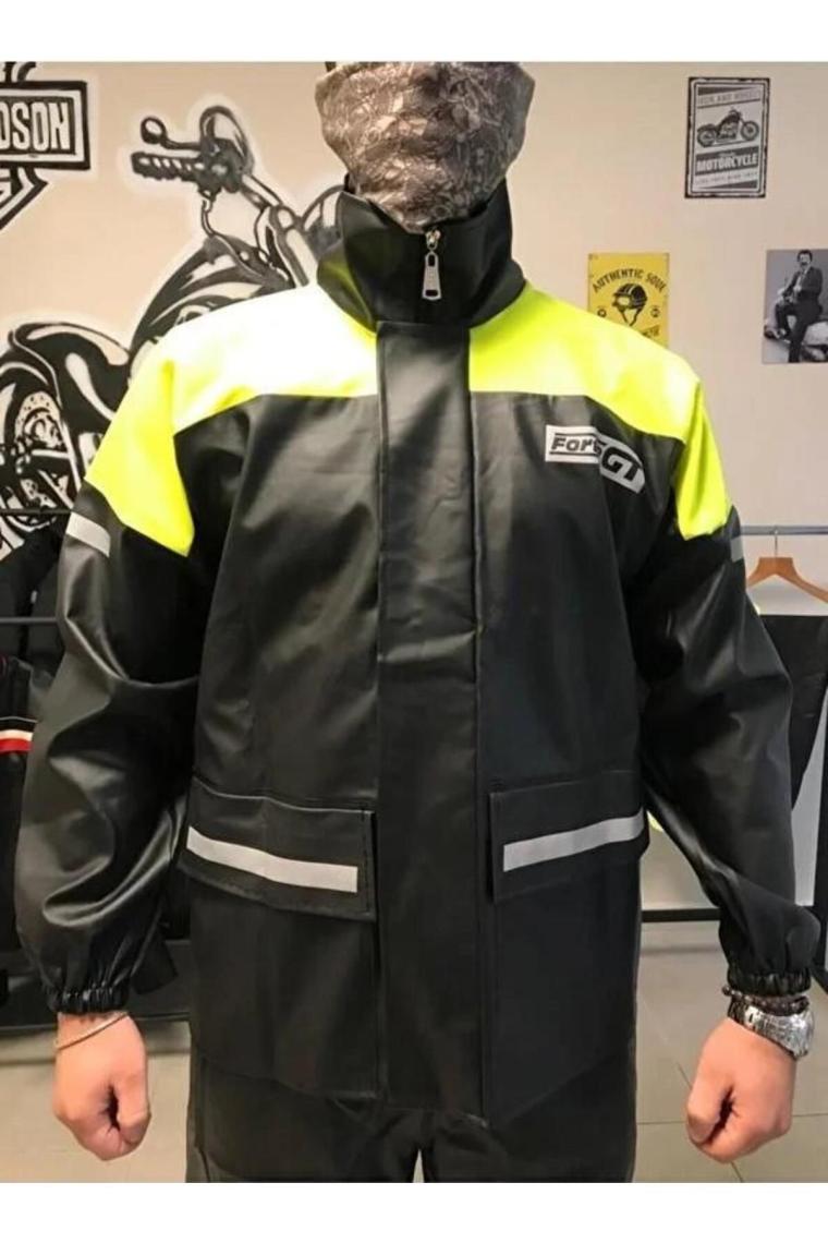 1134 Pvc Kurye Paketçi Yağmurluğu Takım Cepli Siyah-neon Sarı