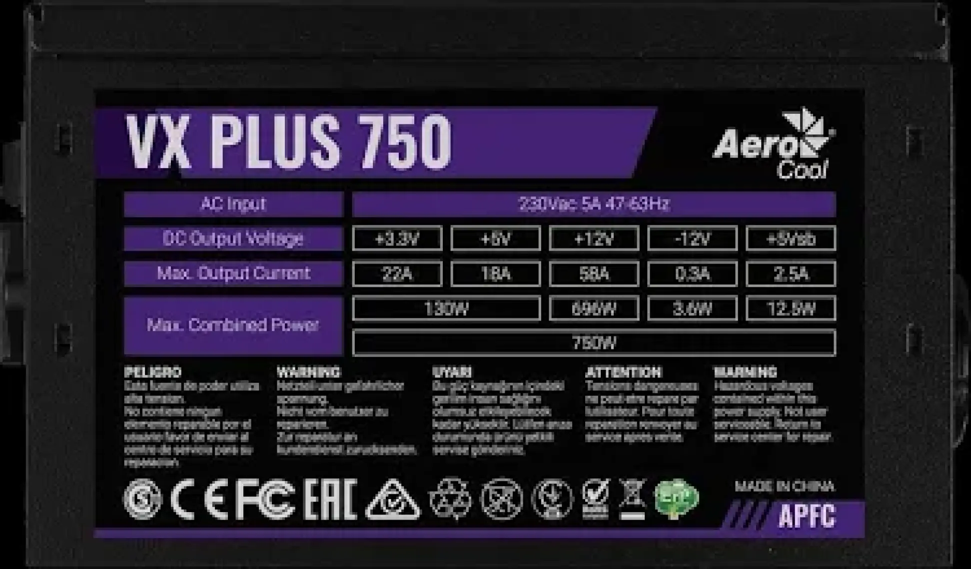 Aero Cool 750W VX PLUS Serisi Aktif PFC Güç Kaynağı (AE-VXP750)