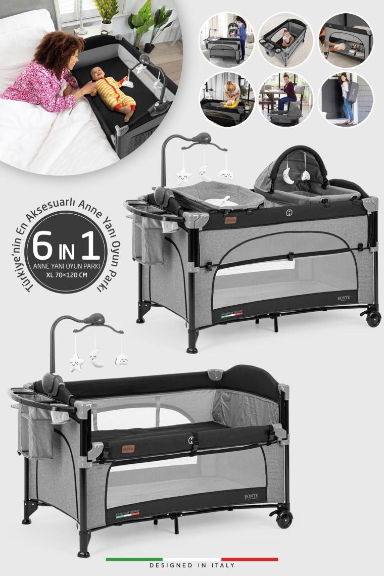 Bonte 2 6in1 Lüks Anne Yanı Oyun Parkı Park Yatak Xl 70x120 Cm Gri-siyah
