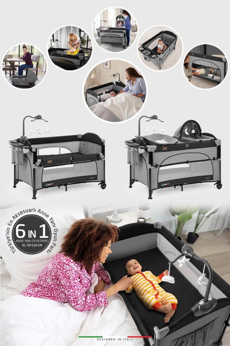 Bonte 2 6in1 Lüks Anne Yanı Oyun Parkı Park Yatak Xl 70x120 Cm Gri-siyah