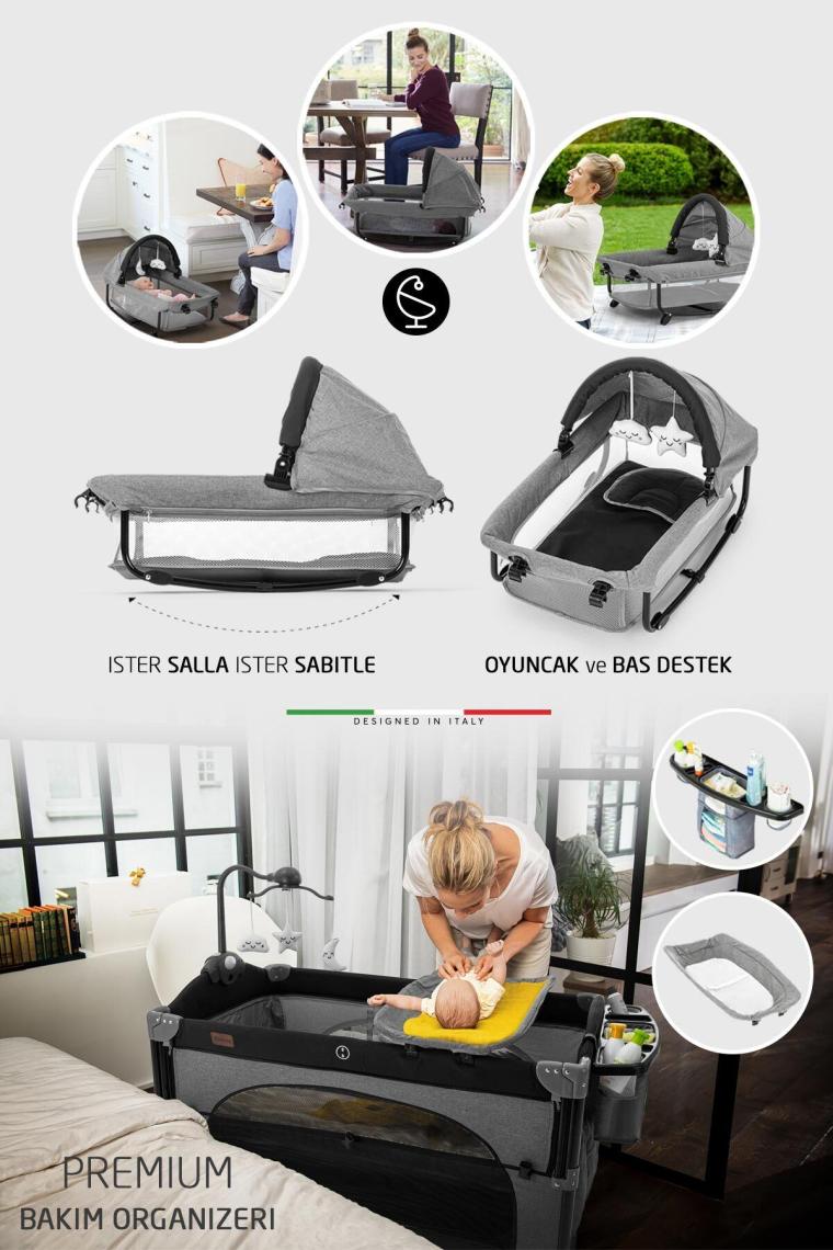 Bonte 2 6in1 Lüks Anne Yanı Oyun Parkı Park Yatak Xl 70x120 Cm Gri-siyah