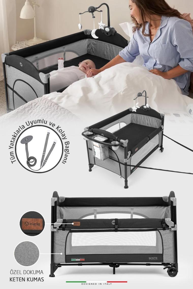 Bonte 2 6in1 Lüks Anne Yanı Oyun Parkı Park Yatak Xl 70x120 Cm Gri-siyah