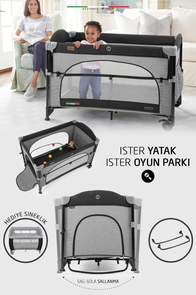 Bonte 2 6in1 Lüks Anne Yanı Oyun Parkı Park Yatak Xl 70x120 Cm Gri-siyah