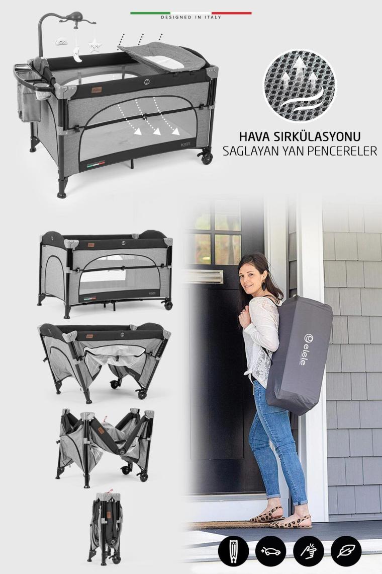 Bonte 2 6in1 Lüks Anne Yanı Oyun Parkı Park Yatak Xl 70x120 Cm Gri-siyah