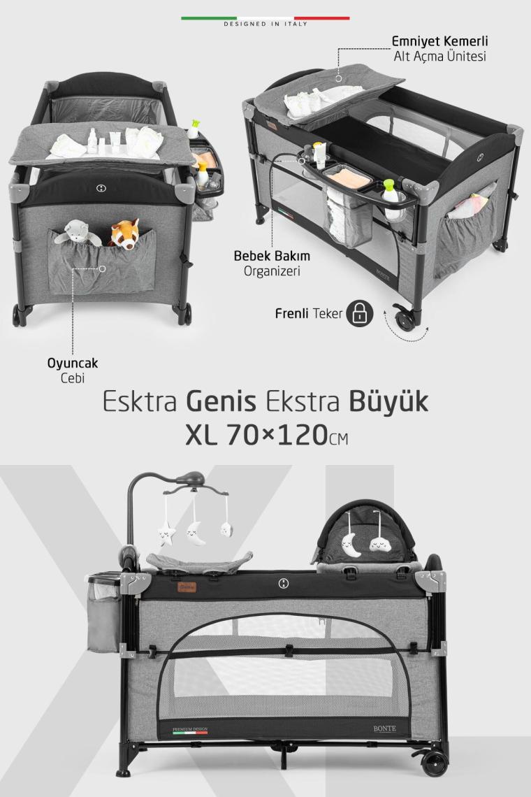 Bonte 2 6in1 Lüks Anne Yanı Oyun Parkı Park Yatak Xl 70x120 Cm Gri-siyah