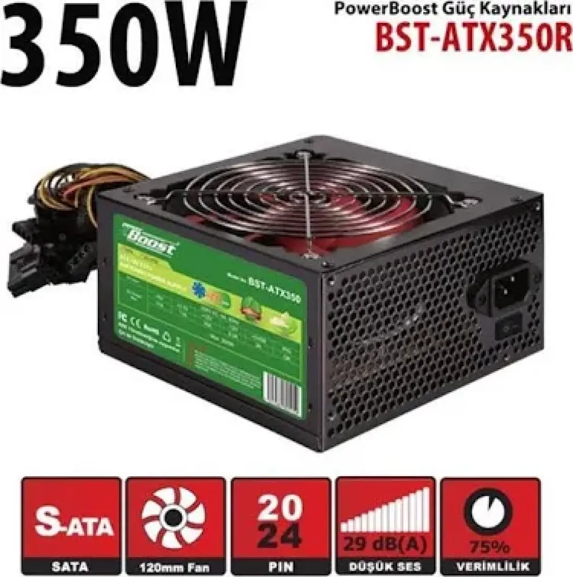 PowerBoost BST-ATX350R 350w, PPFC 12cm Kırmızı Fanlı ATX PSU (Retail Box)