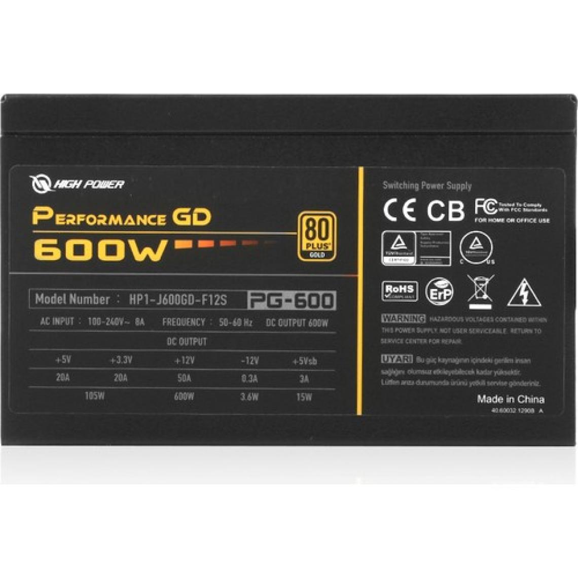 High Power Performance GD 600W 80+ Gold 50A Single Rail Aktif PFC Siyah ATX Güç Kaynağı