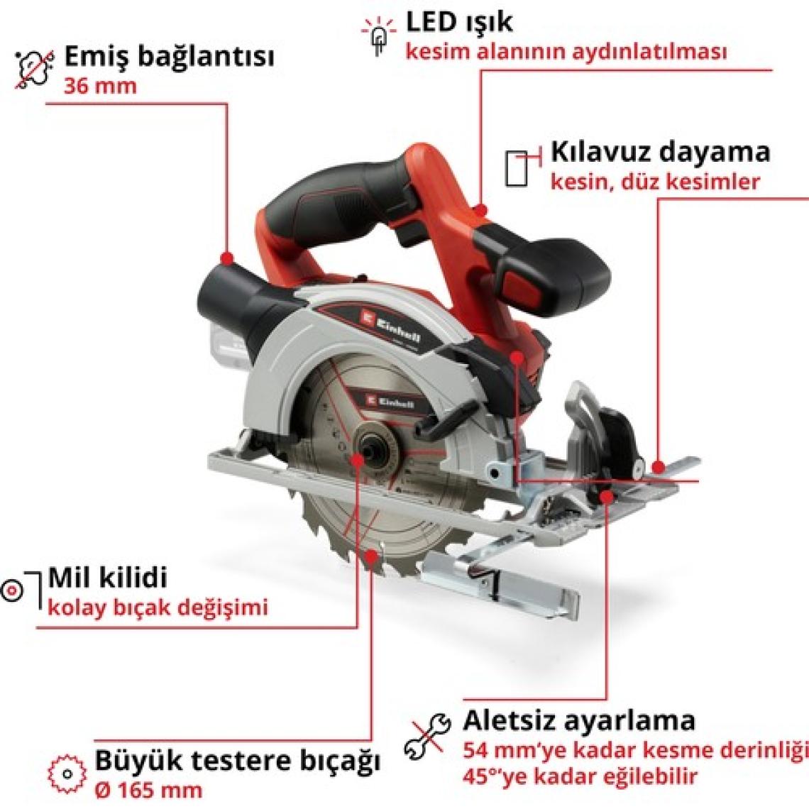 Einhell Akülü Daire Testere TE-CS 18/165-1 Li-Solo Power X-Change (18 V, Li-Ion, Ø165 x Ø20 mm Testere Bıçağı, Aletsiz Kesim Derinliği ve Açı Ayarı, Akü ve Şarj Cihazı Dahil Değildir) - 4331207