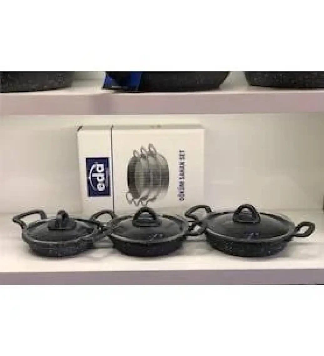 Eda Cookware Asya 3'lü Sahan Seti Cam Kapaklı Döküm Gri Yuvarlak