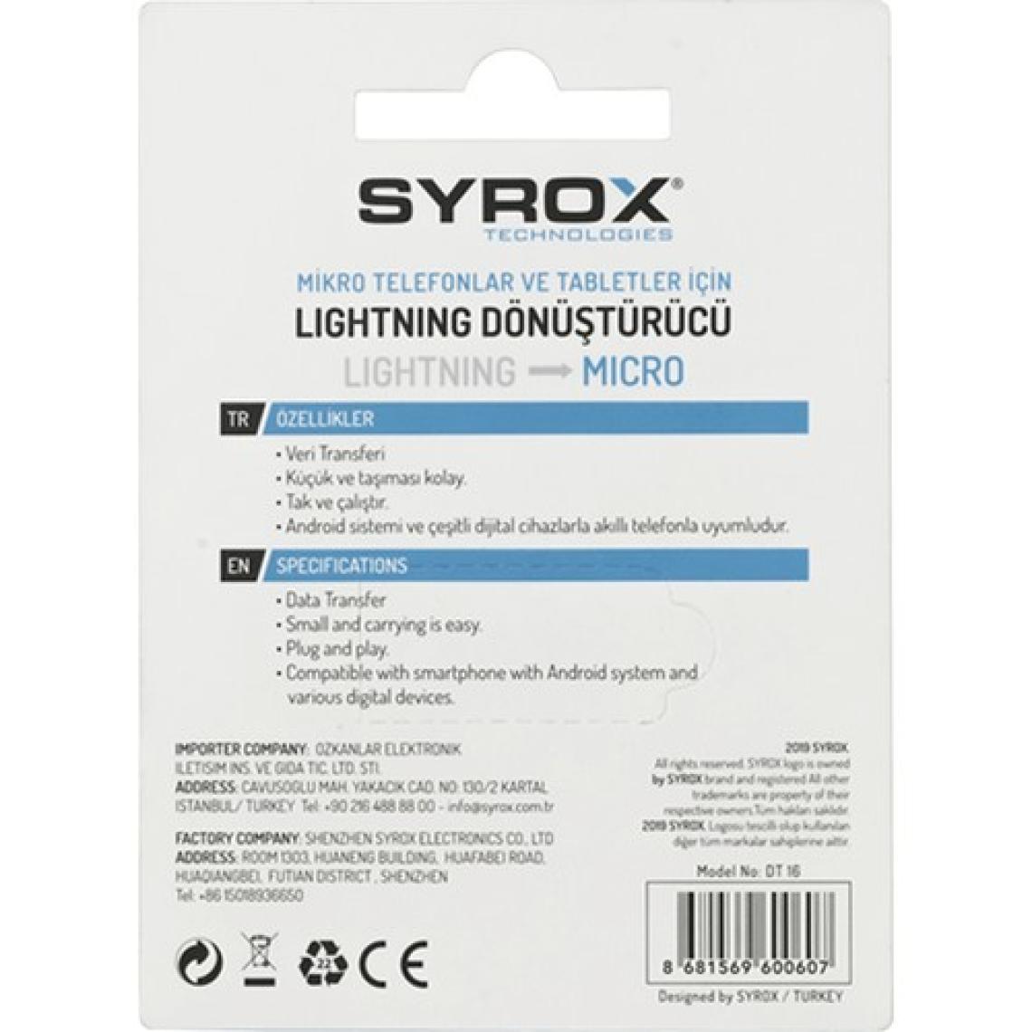 Syrox DT16 -Lightning > Micro USB Dönüştürücü