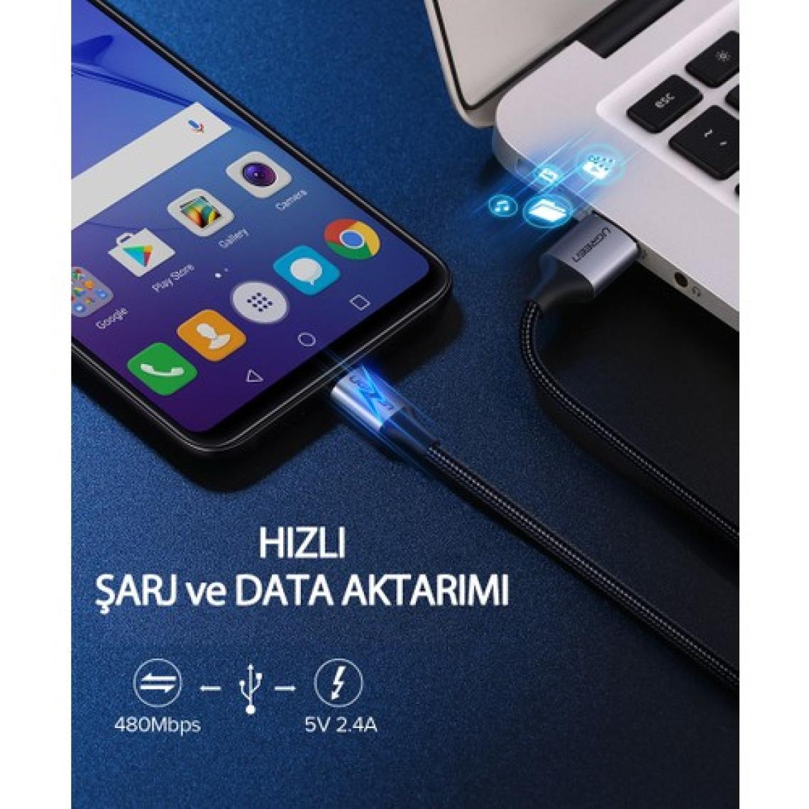 Ugreen Micro USB Örgülü Data ve Şarj Kablosu Beyaz 1 Metre