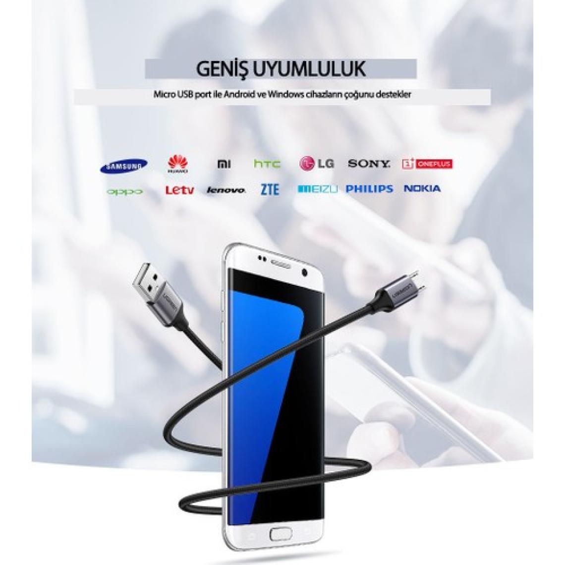 Ugreen Micro USB Örgülü Data ve Şarj Kablosu Beyaz 1 Metre