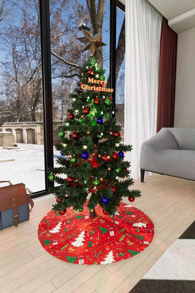 Cango Home Kırmızı Yeşil Yılbaşı Temalı Dijital Baskılı Çam Ağacı Örtüsü