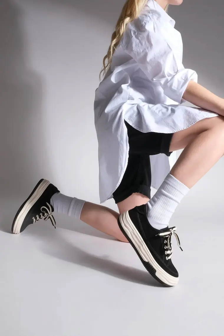 Marjin Kadın Sneaker Yüksek Taban Bağcıklı Bez Spor Ayakkabı Kotnel