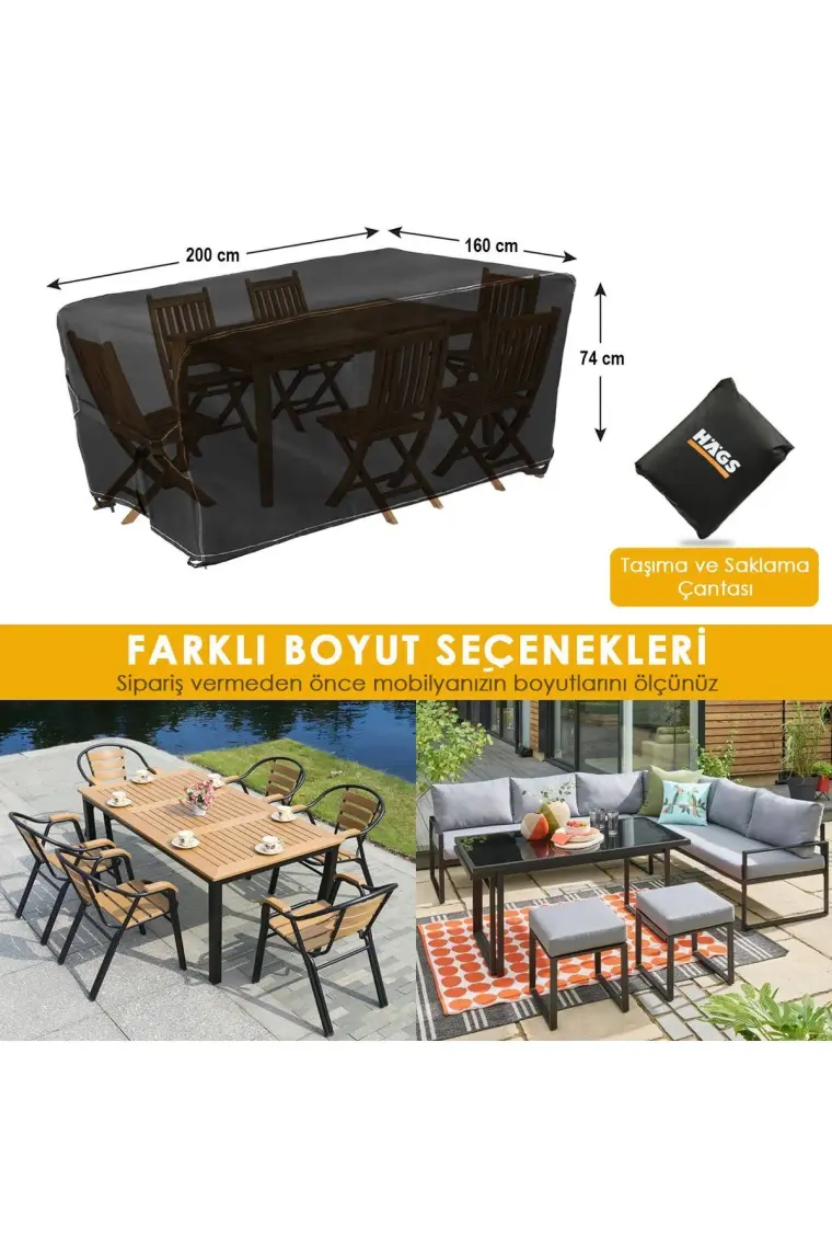 Haegs Bahçe Mobilyası Örtüsü, 200-160-74cm, Su Geçirmez, Dış Mekan Masa Ve Sandalye Örtü Branda Gri