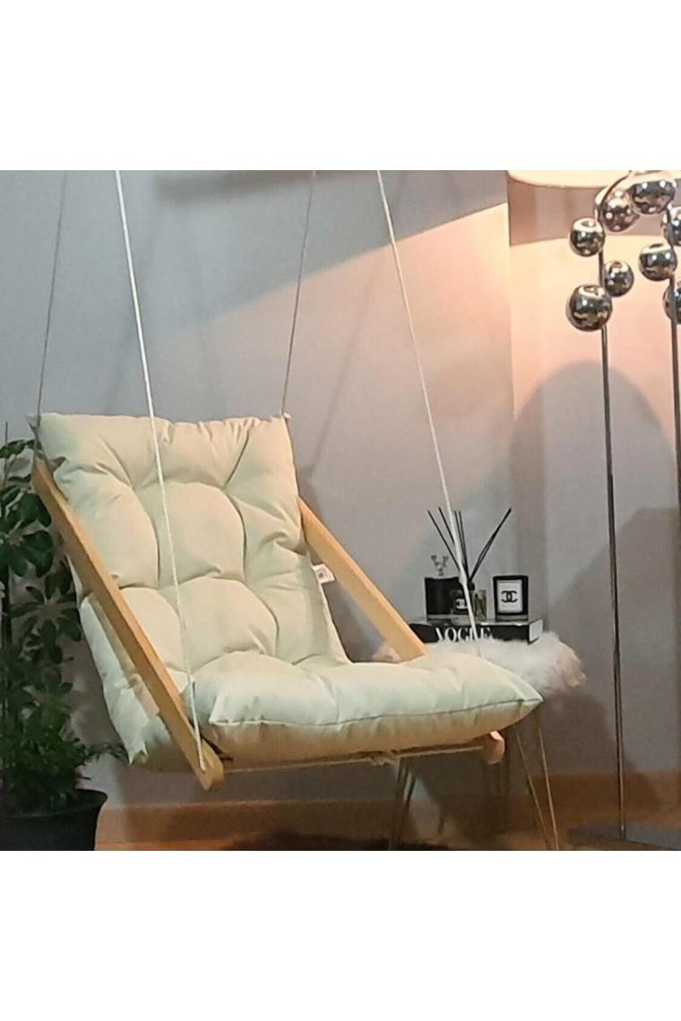 Ahşap Puf Minderli Salıncak Hamak. Ev Balkon Teras Bahçe Için (krem)