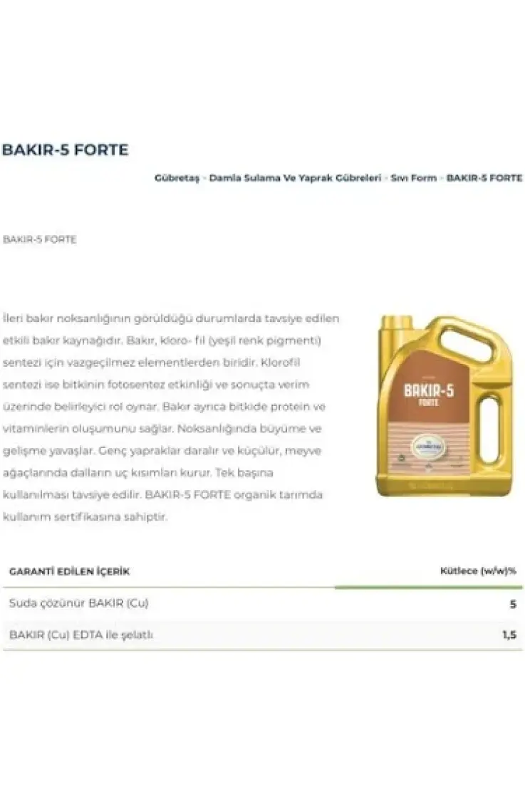 Gübretaş Bakır-5 Forte Sıvı 1 Lt