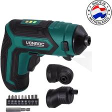 Vonroc Akülü Tornavida – 4V – Dahil. Uç Tutucu, Eksantrik ve Açılı Bağlantı, Uç Seti ve Şarj Cihazı