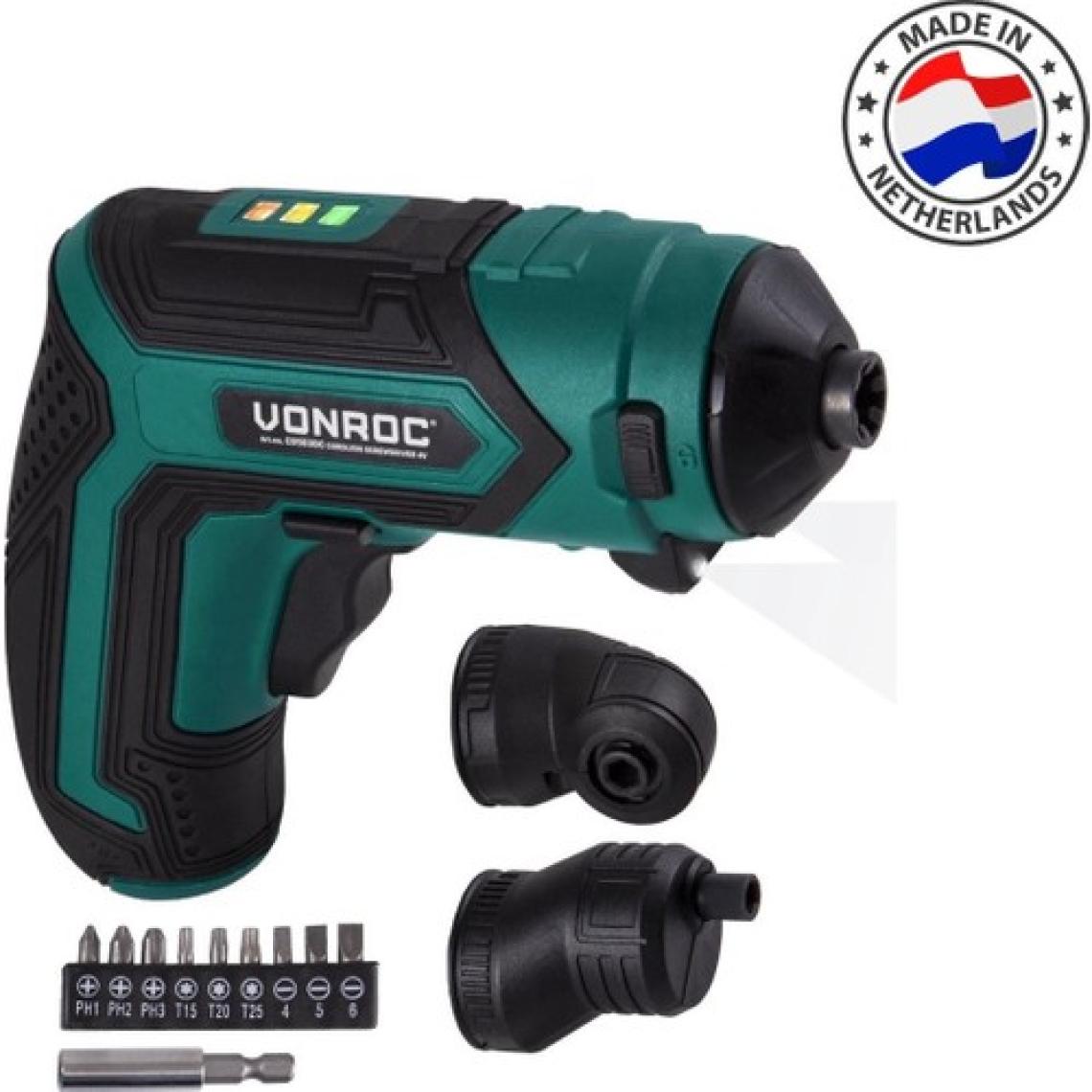 Vonroc Akülü Tornavida – 4V – Dahil. Uç Tutucu, Eksantrik ve Açılı Bağlantı, Uç Seti ve Şarj Cihazı