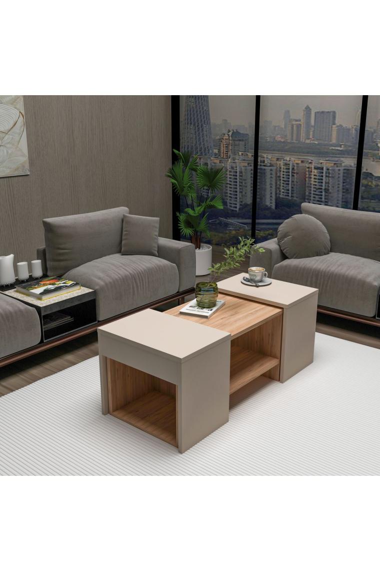 Arnetti Sartos 3'lü Zigonlu Modern Orta Sehpa Salon Sehpası, Atlantik Çam Bej - Sartos