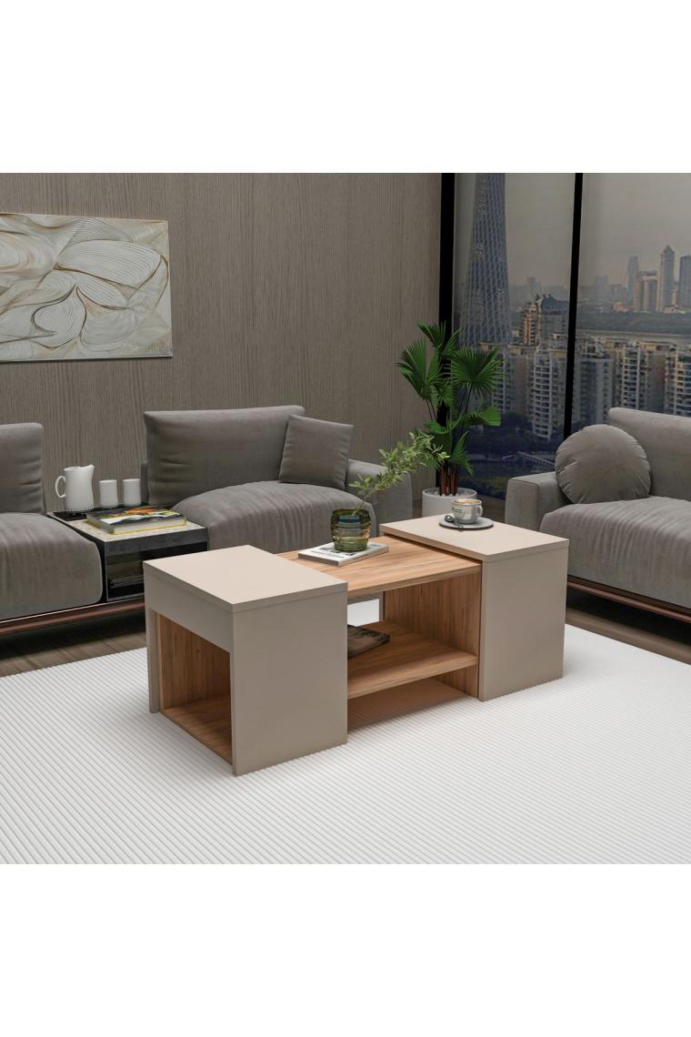 Arnetti Sartos 3'lü Zigonlu Modern Orta Sehpa Salon Sehpası, Atlantik Çam Bej - Sartos