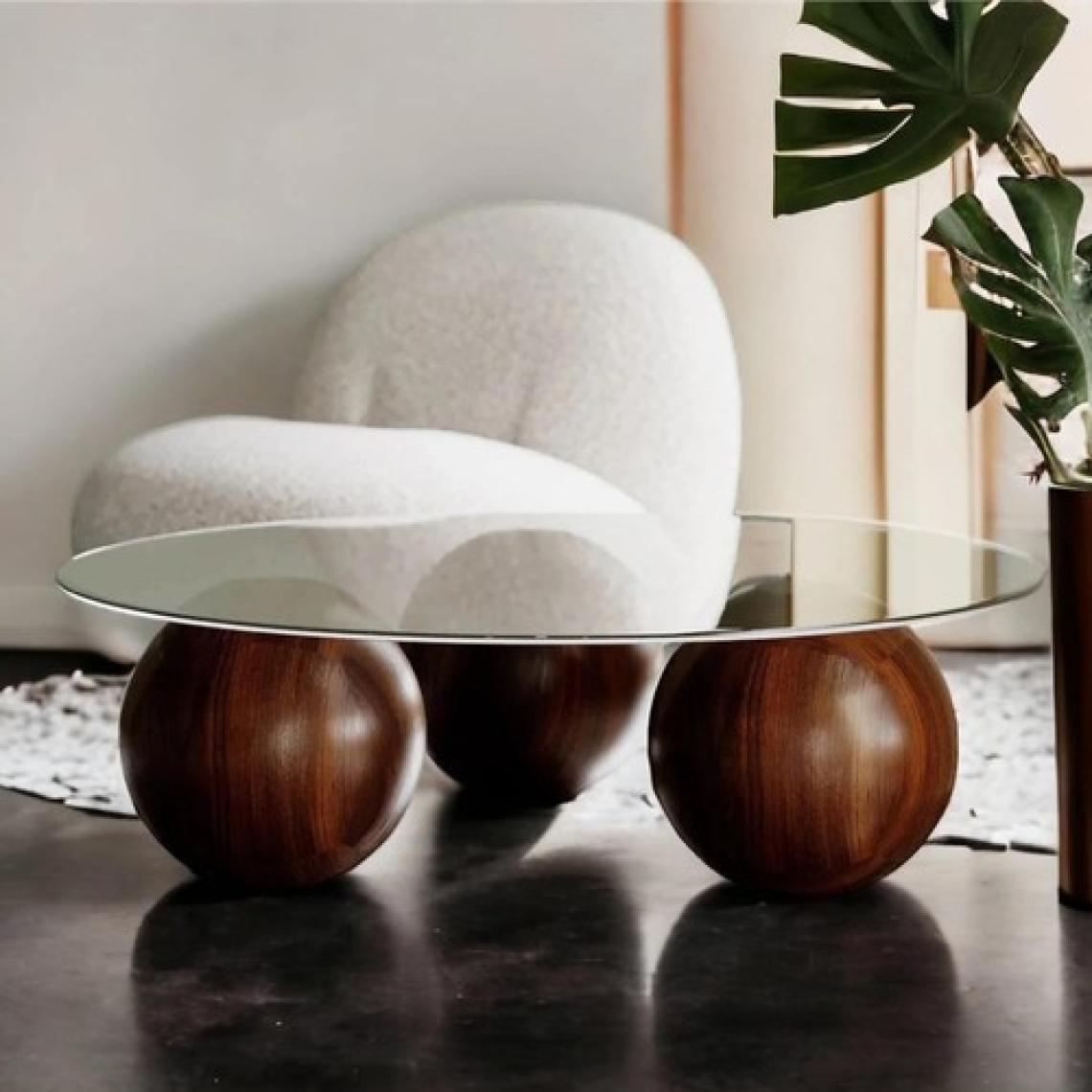 Velura Home & Living Modern Orta Sehpa & Cam Sehpa & Küre Sehpa & Top Sehpa - Yuvarlak Cam Ceviz