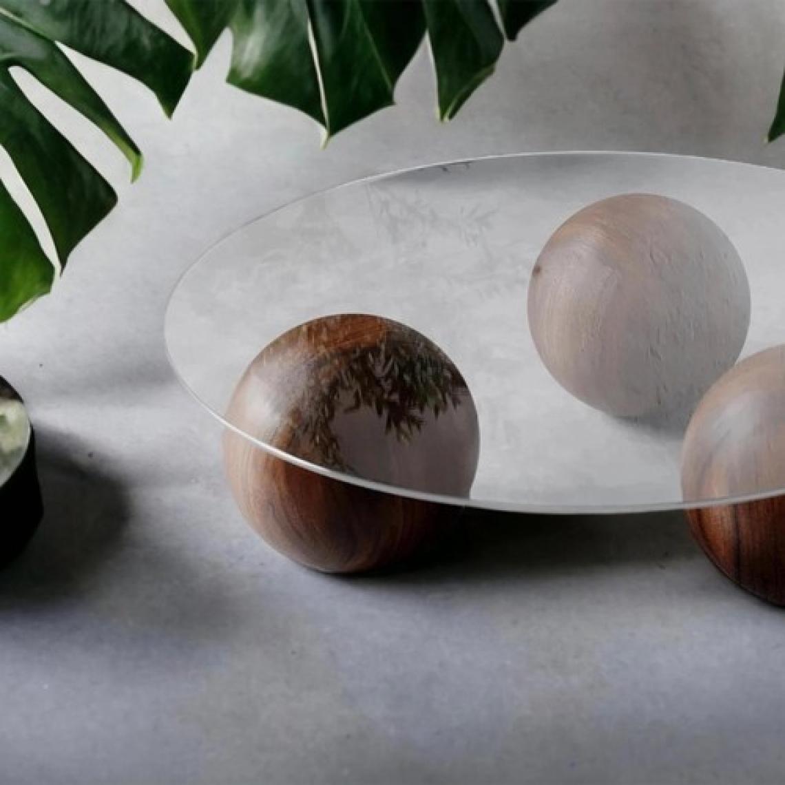 Velura Home & Living Modern Orta Sehpa & Cam Sehpa & Küre Sehpa & Top Sehpa - Yuvarlak Cam Ceviz