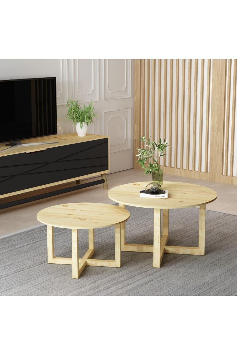 Soft Ikili Doğal Ahşap Orta Sehpa 70*70*42