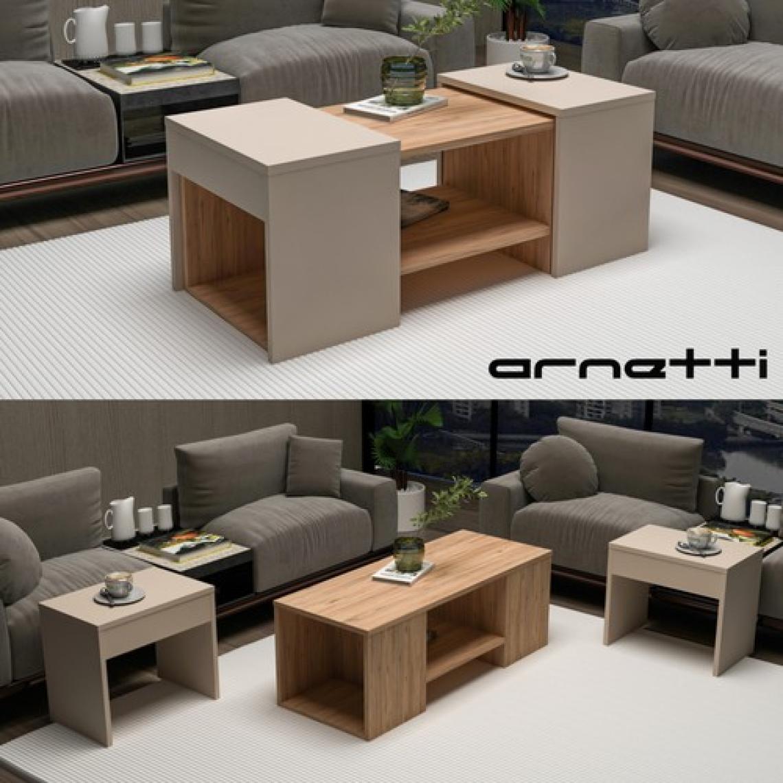 Arnetti Sartos 3'lü Zigonlu Modern Orta Sehpa Salon Sehpası, Atlantik Çam Bej - Sartos