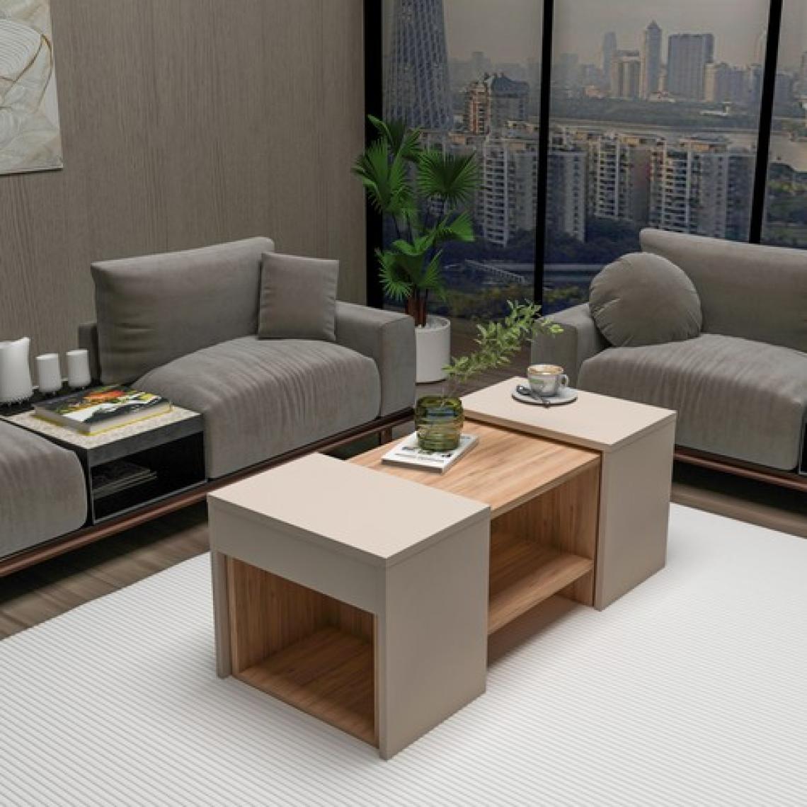 Arnetti Sartos 3'lü Zigonlu Modern Orta Sehpa Salon Sehpası, Atlantik Çam Bej - Sartos