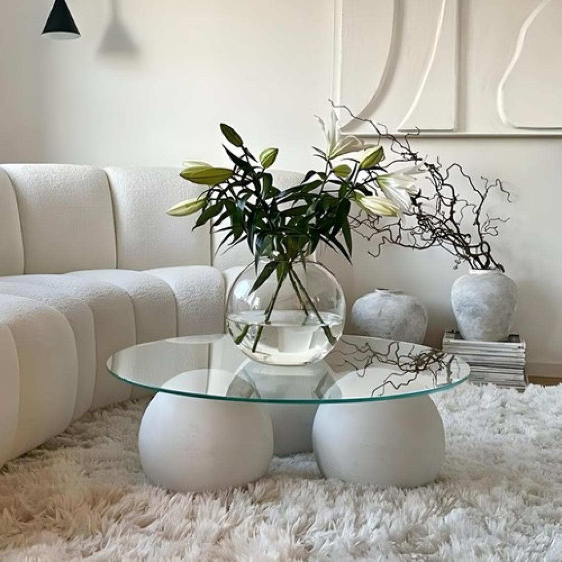 Velura Home & Living Modern Orta Sehpa & Cam Sehpa & Küre Sehpa & Top Sehpa - Yuvarlak Cam & Beyaz Ayak