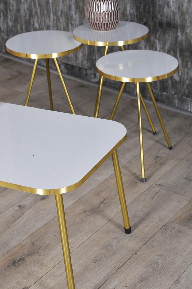 Zigon Sehpa ve Orta Sehpa Kr Gold Metal Ayak Gold Beyaz Set