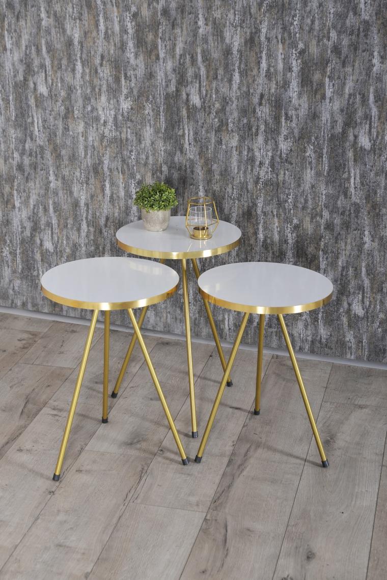 Zigon Sehpa ve Orta Sehpa Kr Gold Metal Ayak Gold Beyaz Set