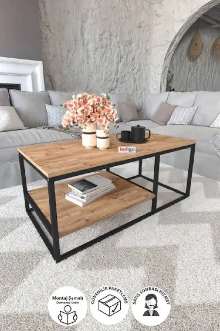 Bofigo Metal Orta Sehpa 2 Raflı Orta Sehpa Dekoratif Sehpa Nisa Çam