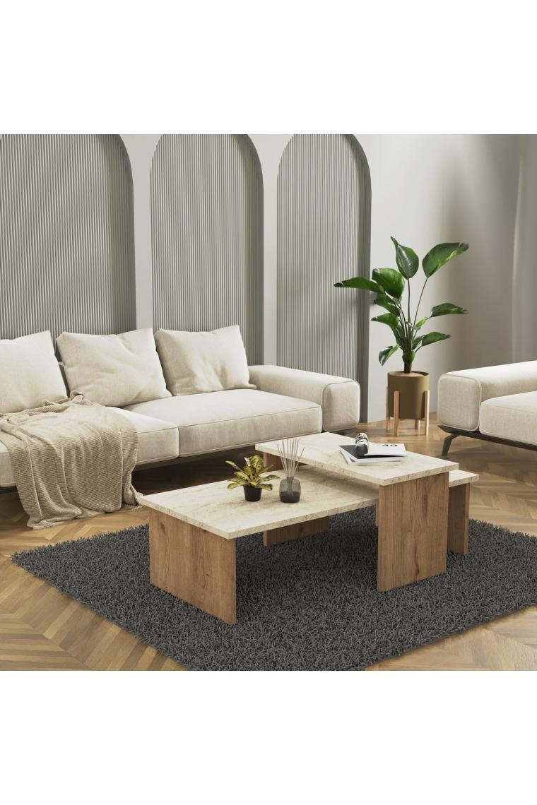 Cool Home Vera 2 ' li Orta Sehpa , Servis Sehpası Sepet - Traverten (Mermer Desen)