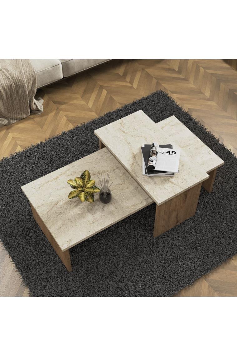 Cool Home Vera 2 ' li Orta Sehpa , Servis Sehpası Sepet - Traverten (Mermer Desen)