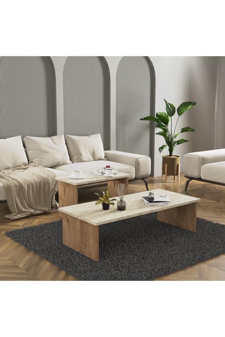 Cool Home Vera 2 ' li Orta Sehpa , Servis Sehpası Sepet - Traverten (Mermer Desen)