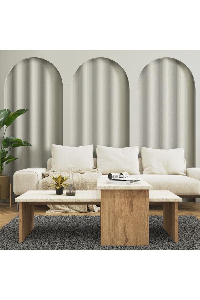 Cool Home Vera 2 ' li Orta Sehpa , Servis Sehpası Sepet - Traverten (Mermer Desen)