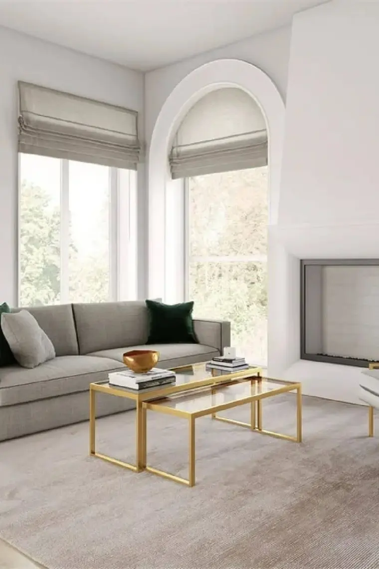Modern Gold Renk  2’li Metal Iskeletli Temper Camlı Zigon Orta Sehpa