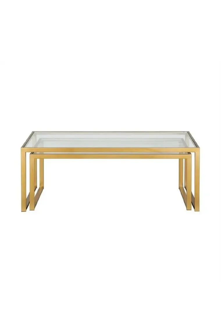 Modern Gold Renk  2’li Metal Iskeletli Temper Camlı Zigon Orta Sehpa